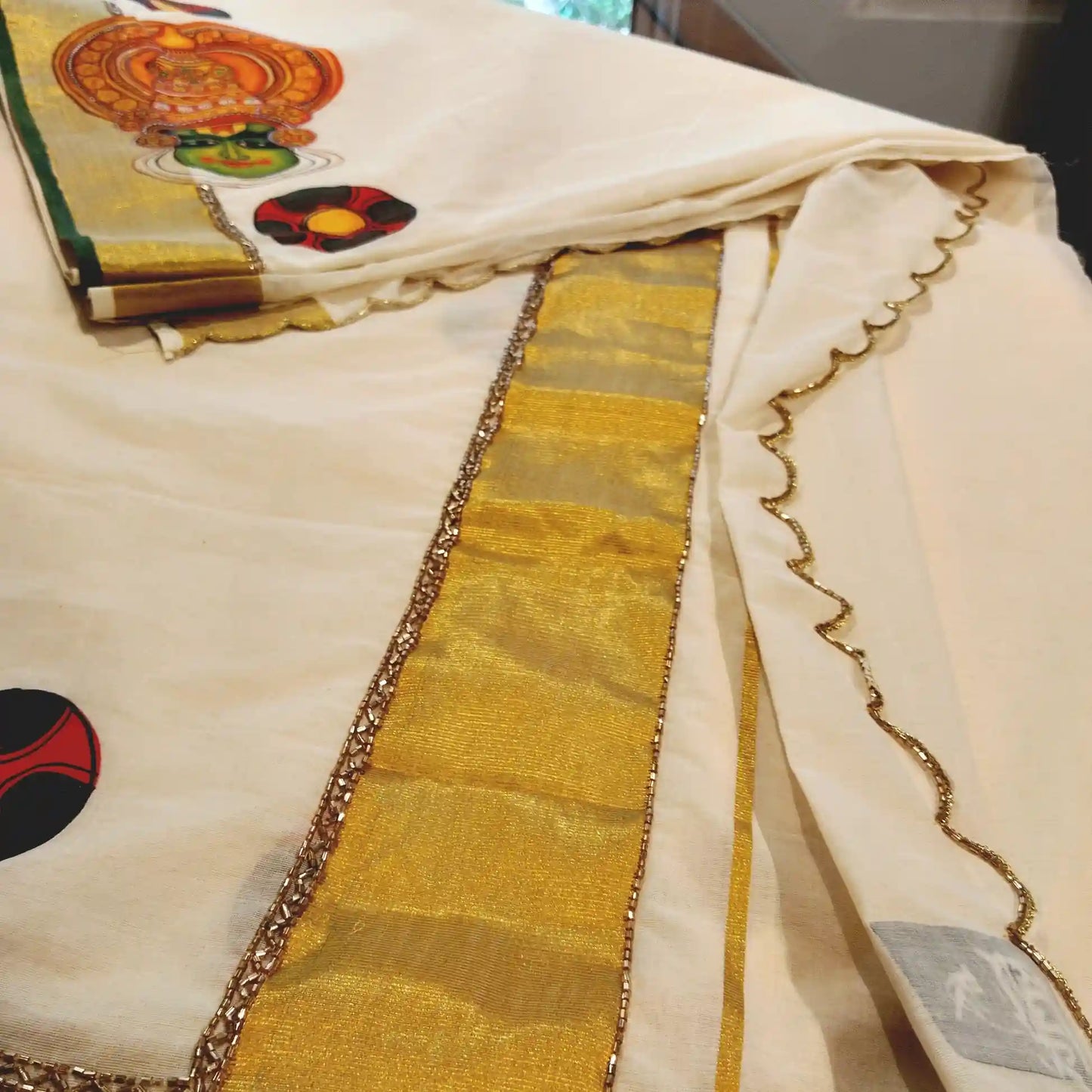 Traditional Kathakali Motif Hand-Painted on Kerala Saree