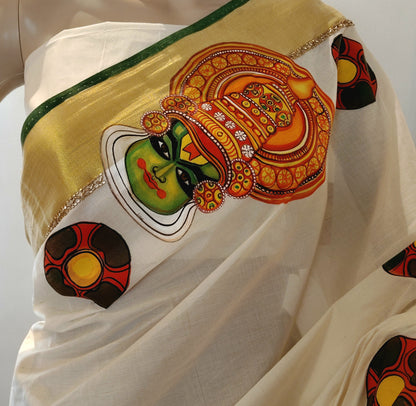 Traditional Kathakali Motif Hand-Painted on Kerala Saree