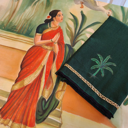 Kerala Saree With Timeless Ravi Varma Art, Red Edges, Scalloped Pallu And Beadwork