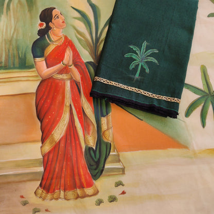 Kerala Saree With Timeless Ravi Varma Art, Red Edges, Scalloped Pallu And Beadwork