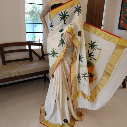 Kerala Saree With Timeless Ravi Varma Art, Red Edges, Scalloped Pallu And Beadwork