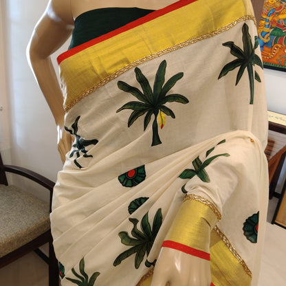 Kerala Saree With Timeless Ravi Varma Art, Red Edges, Scalloped Pallu And Beadwork