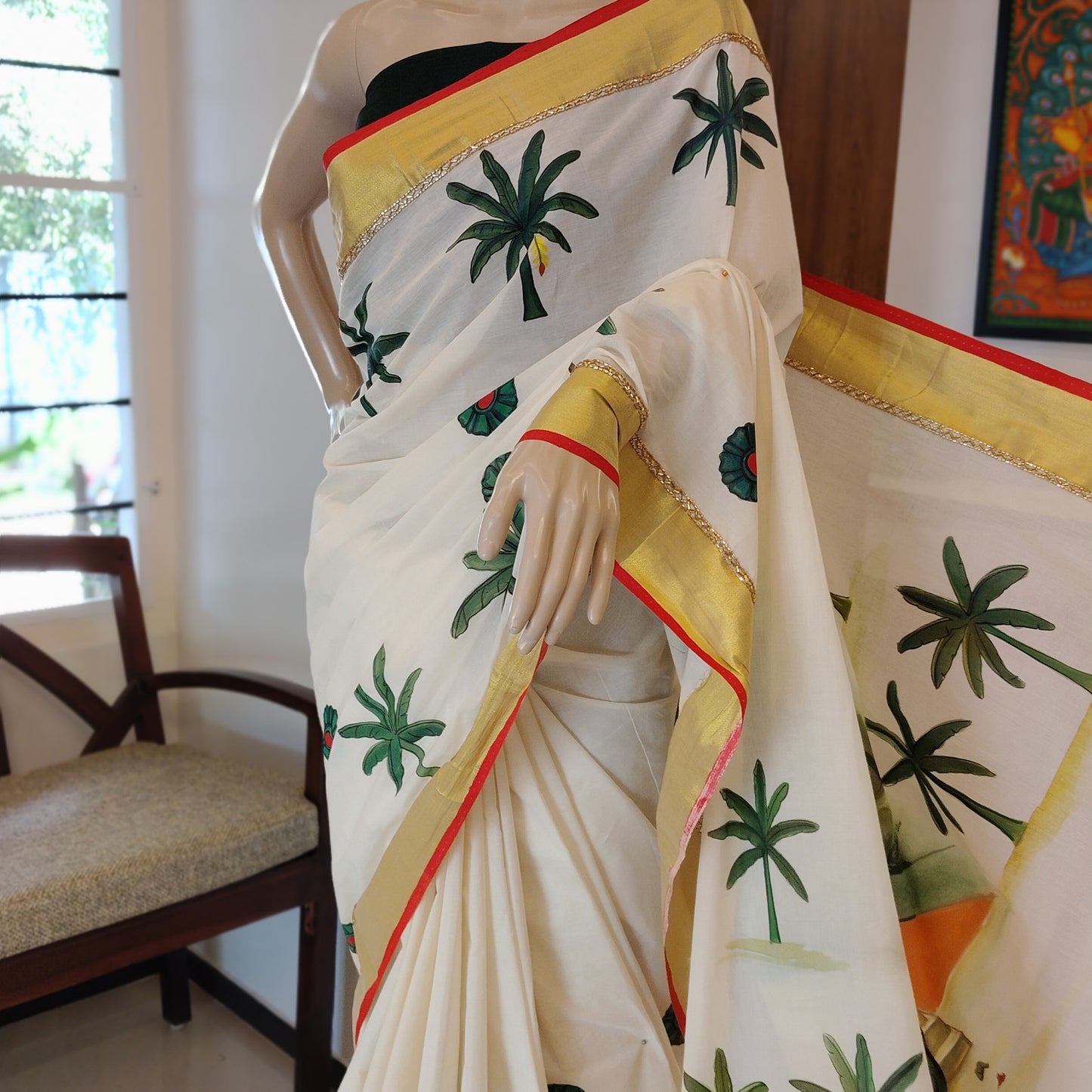 Kerala Saree With Timeless Ravi Varma Art, Red Edges, Scalloped Pallu And Beadwork