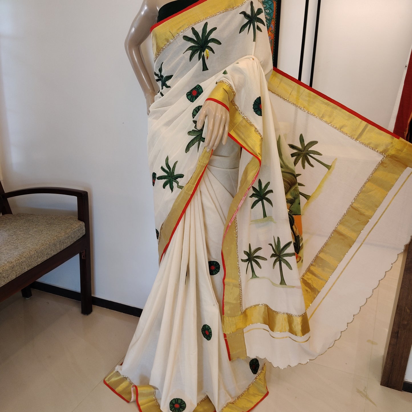 Kerala Saree With Timeless Ravi Varma Art, Red Edges, Scalloped Pallu And Beadwork