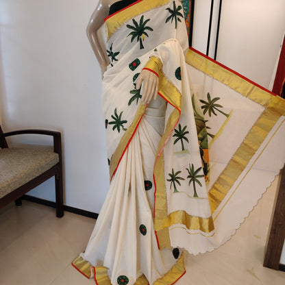 Kerala Saree With Timeless Ravi Varma Art, Red Edges, Scalloped Pallu And Beadwork