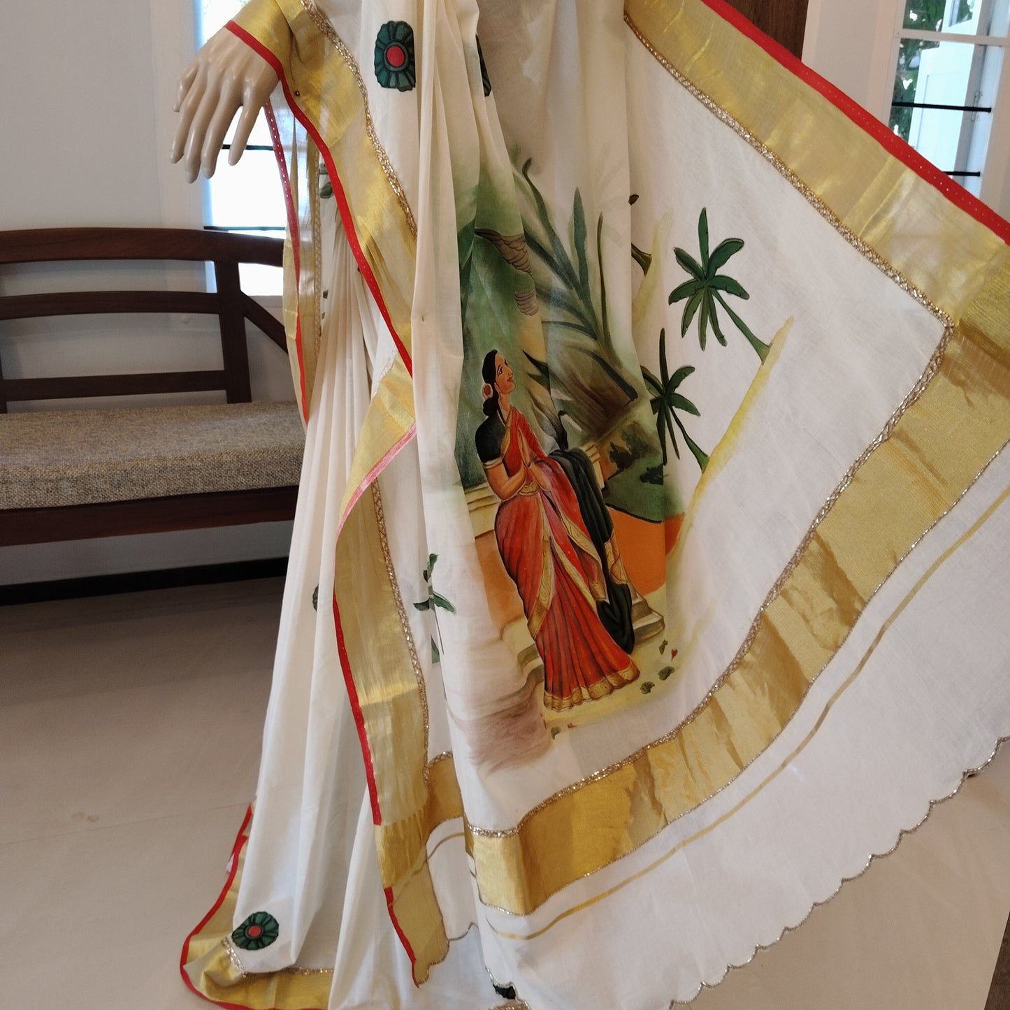 Kerala Saree With Timeless Ravi Varma Art, Red Edges, Scalloped Pallu And Beadwork