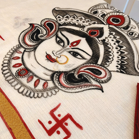 Beautiful Hand-Painted Durga Saree On Kota Doria Fabric