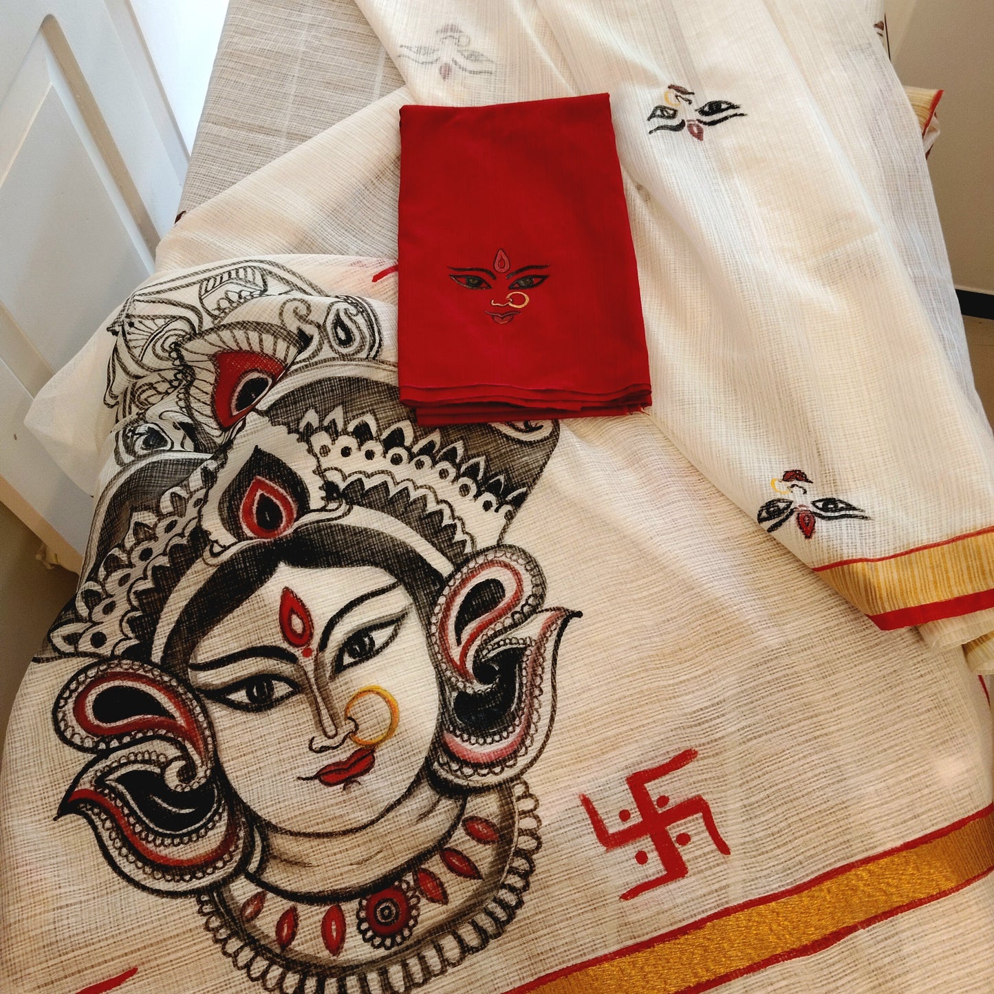 Beautiful Hand-Painted Durga Saree On Kota Doria Fabric