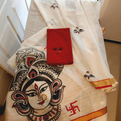 Beautiful Hand-Painted Durga Saree On Kota Doria Fabric