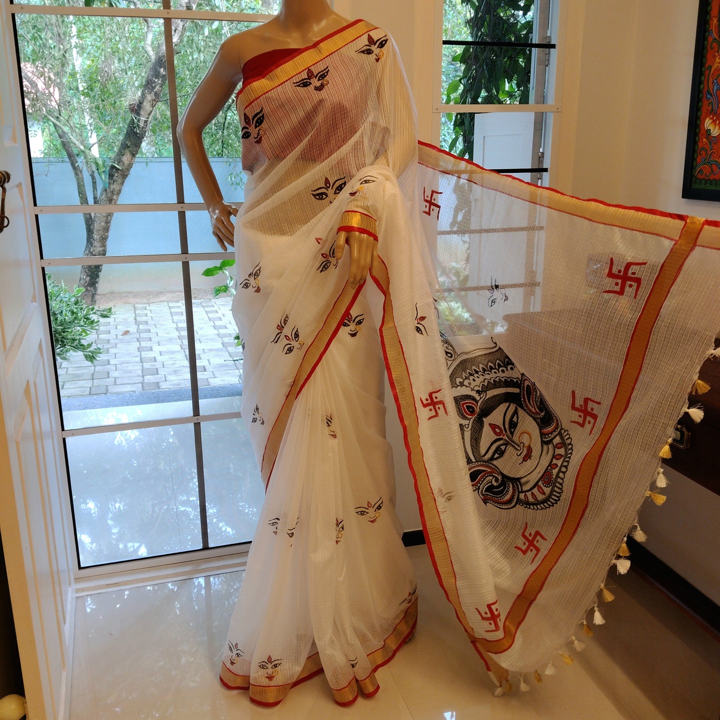 Beautiful Hand-Painted Durga Saree On Kota Doria Fabric