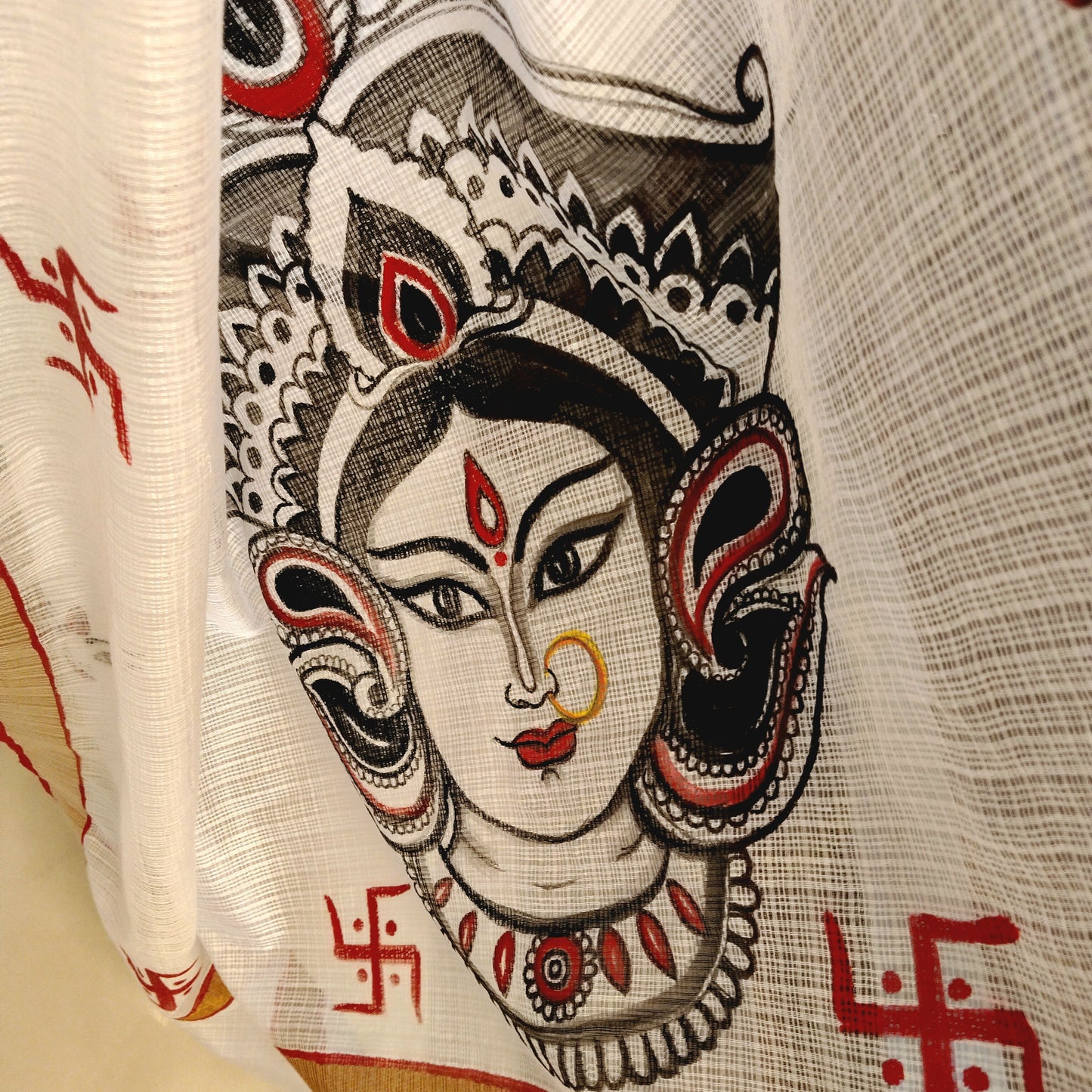 Stunning Hand-Painted Durga Saree On Kota Doria Fabric