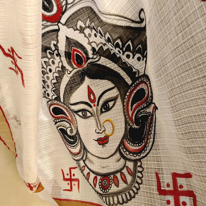 Beautiful Hand-Painted Durga Saree On Kota Doria Fabric