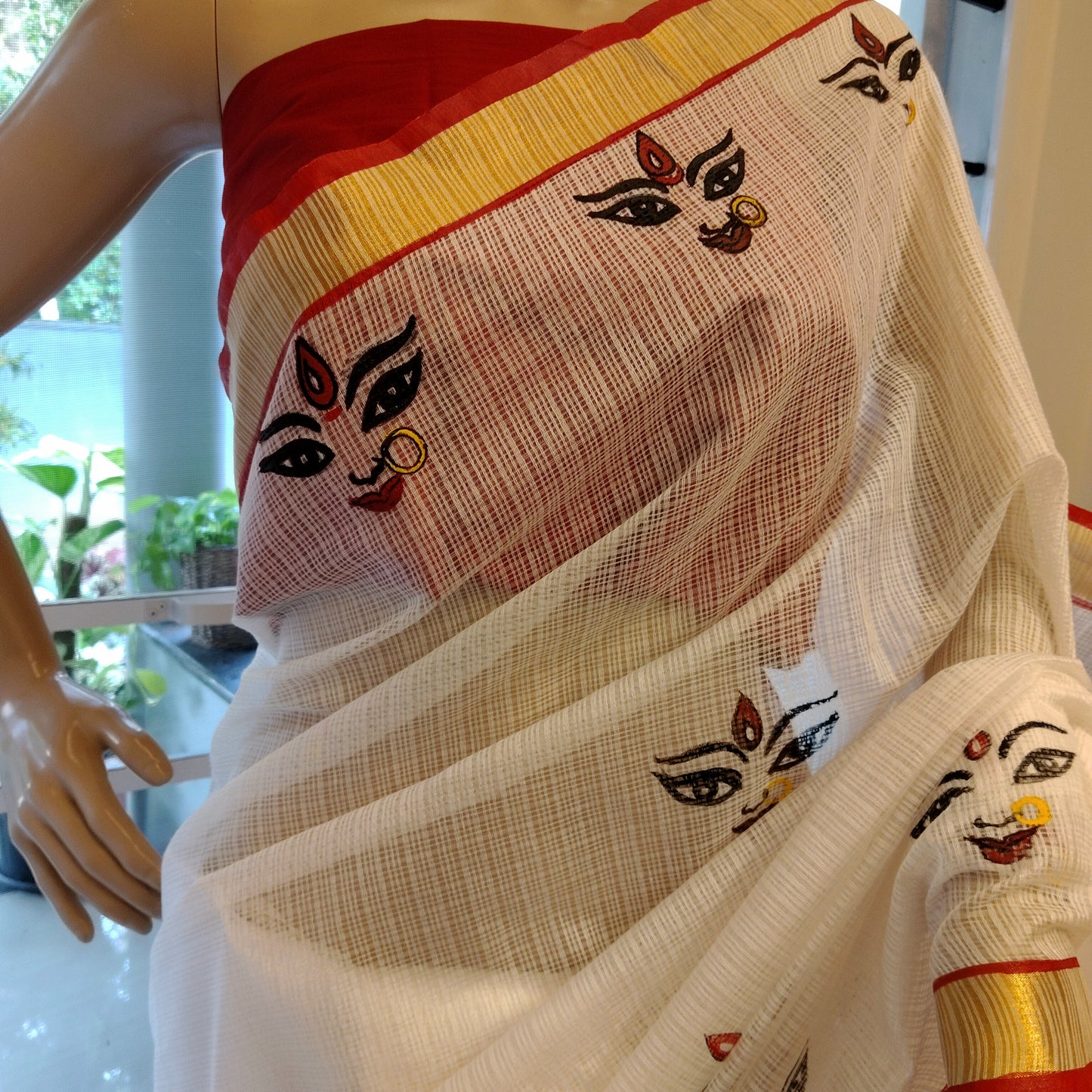 Beautiful Hand-Painted Durga Saree On Kota Doria Fabric