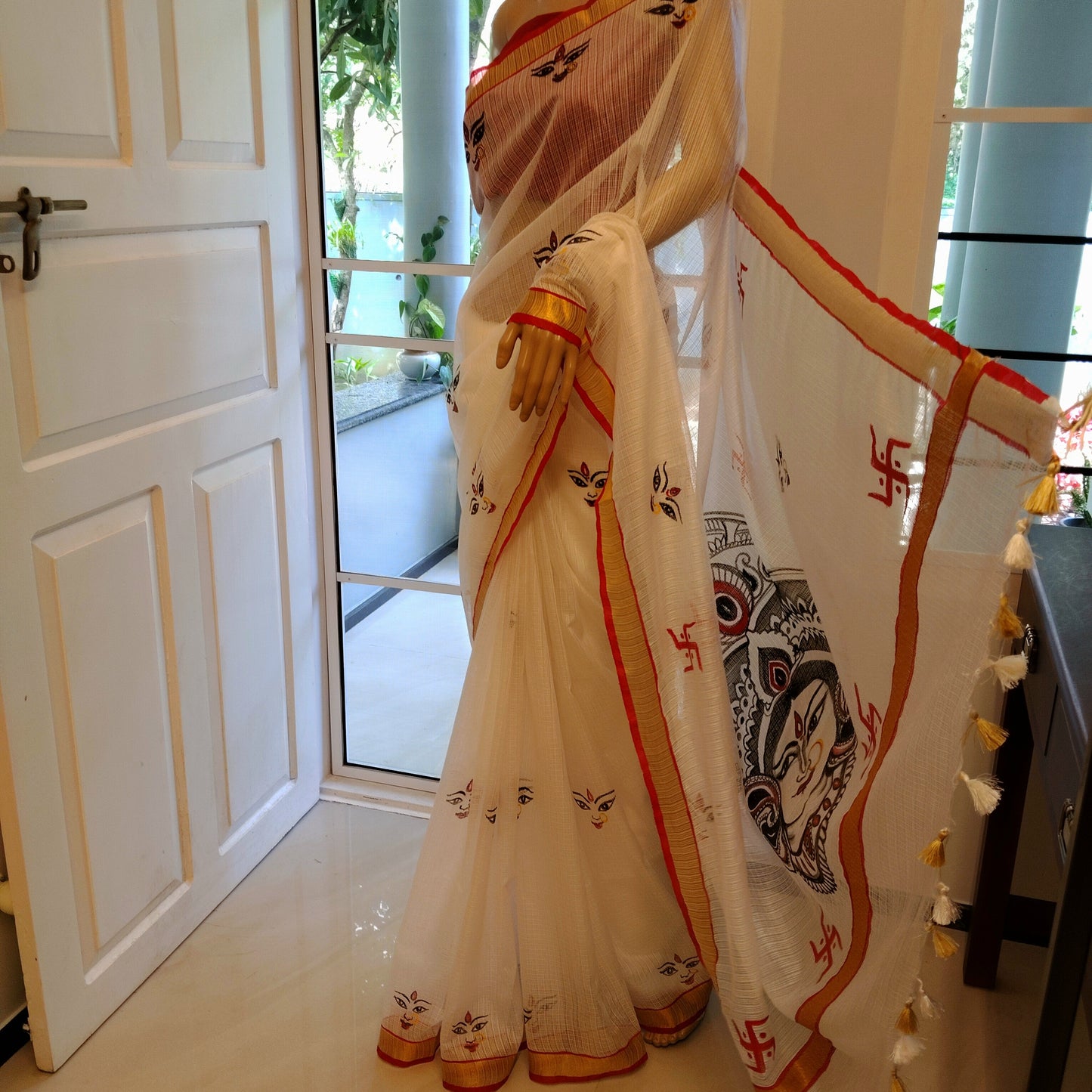 Beautiful Hand-Painted Durga Saree On Kota Doria Fabric