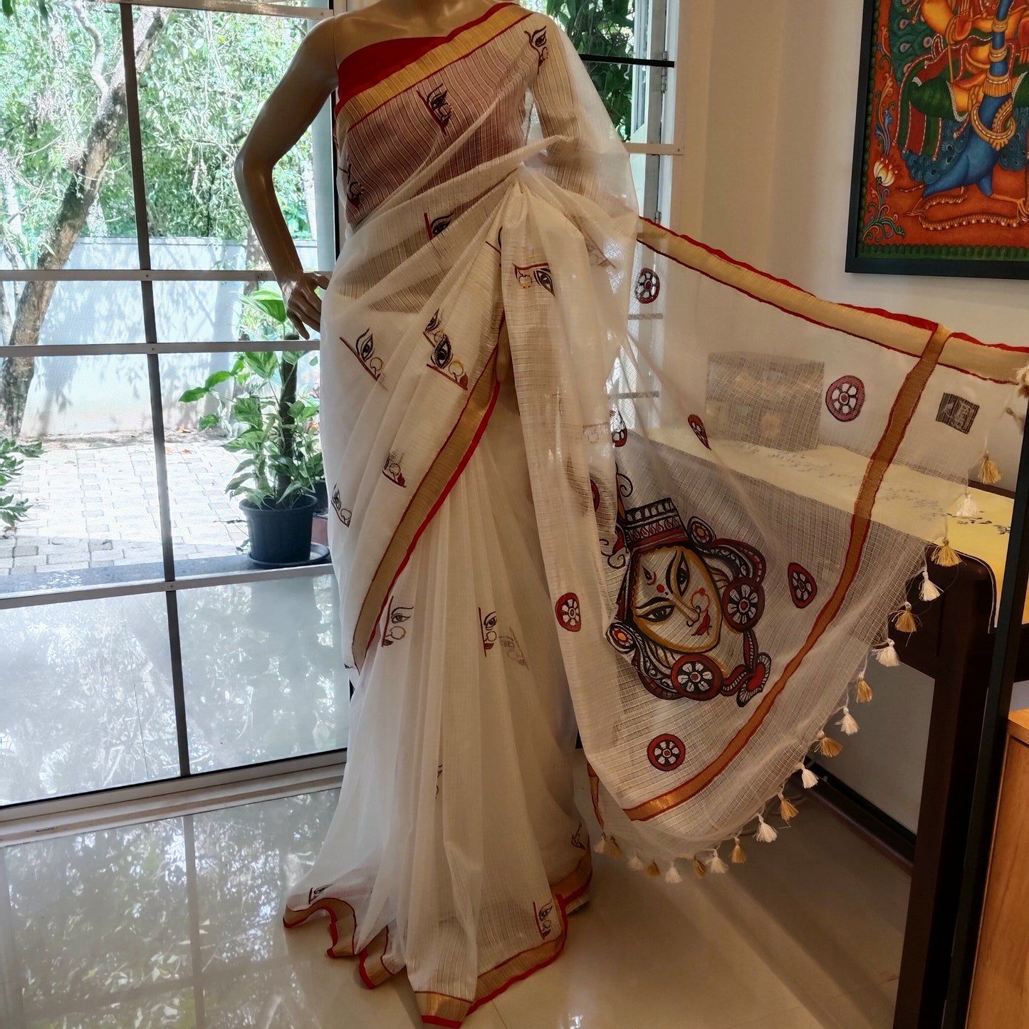 Stunning Hand-Painted Durga Saree On Kota Doria Fabric