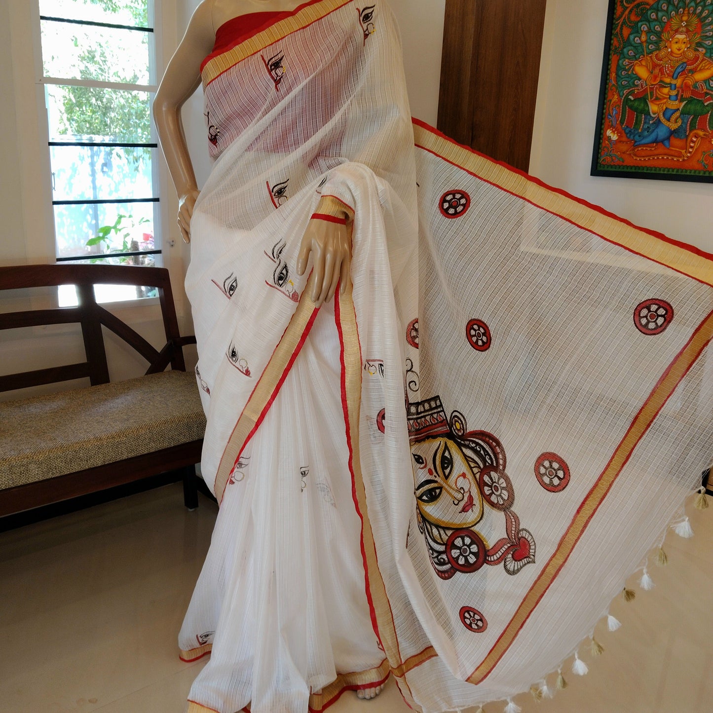 Stunning Hand-Painted Durga Saree On Kota Doria Fabric