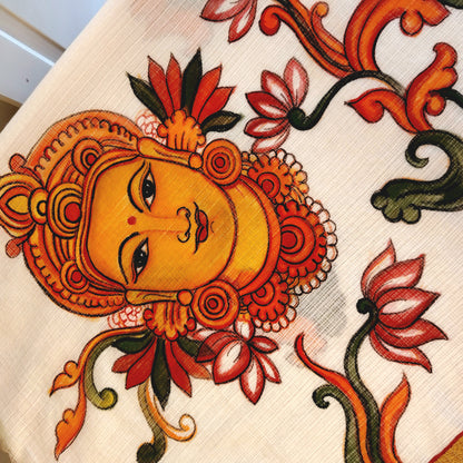 Graceful Kerala Mural Style Hand-Painted Kota Doria Saree