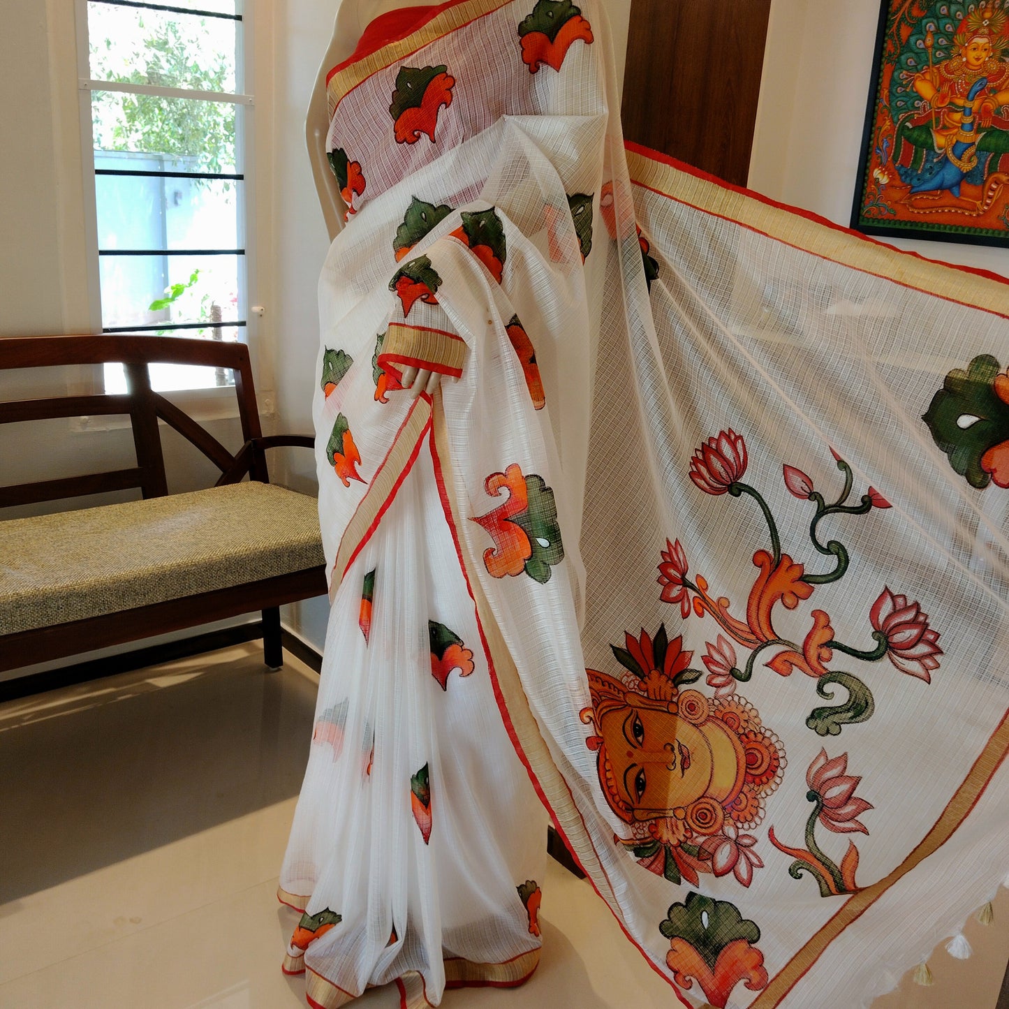 Graceful Kerala Mural Style Hand-Painted Kota Doria Saree