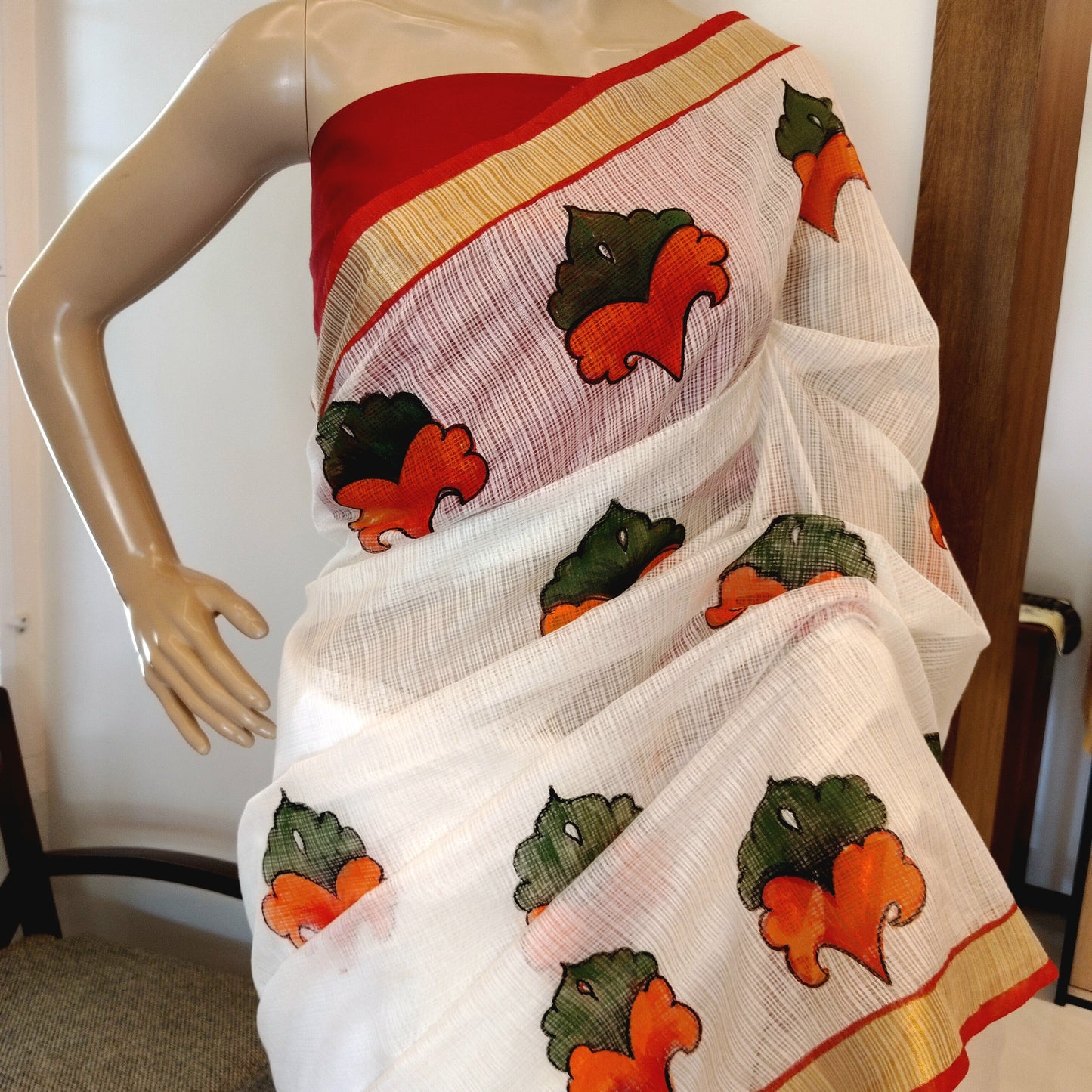 Graceful Kerala Mural Style Hand-Painted Kota Doria Saree