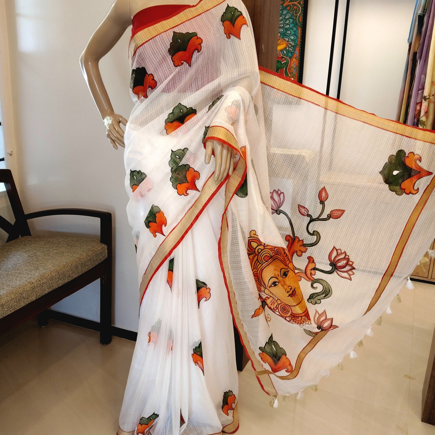 Graceful Kerala Mural Style Hand-Painted Kota Doria Saree