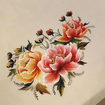 Graceful Peonies Blooms, Hand-Painted On  Kerala Handloom Saree Blouse