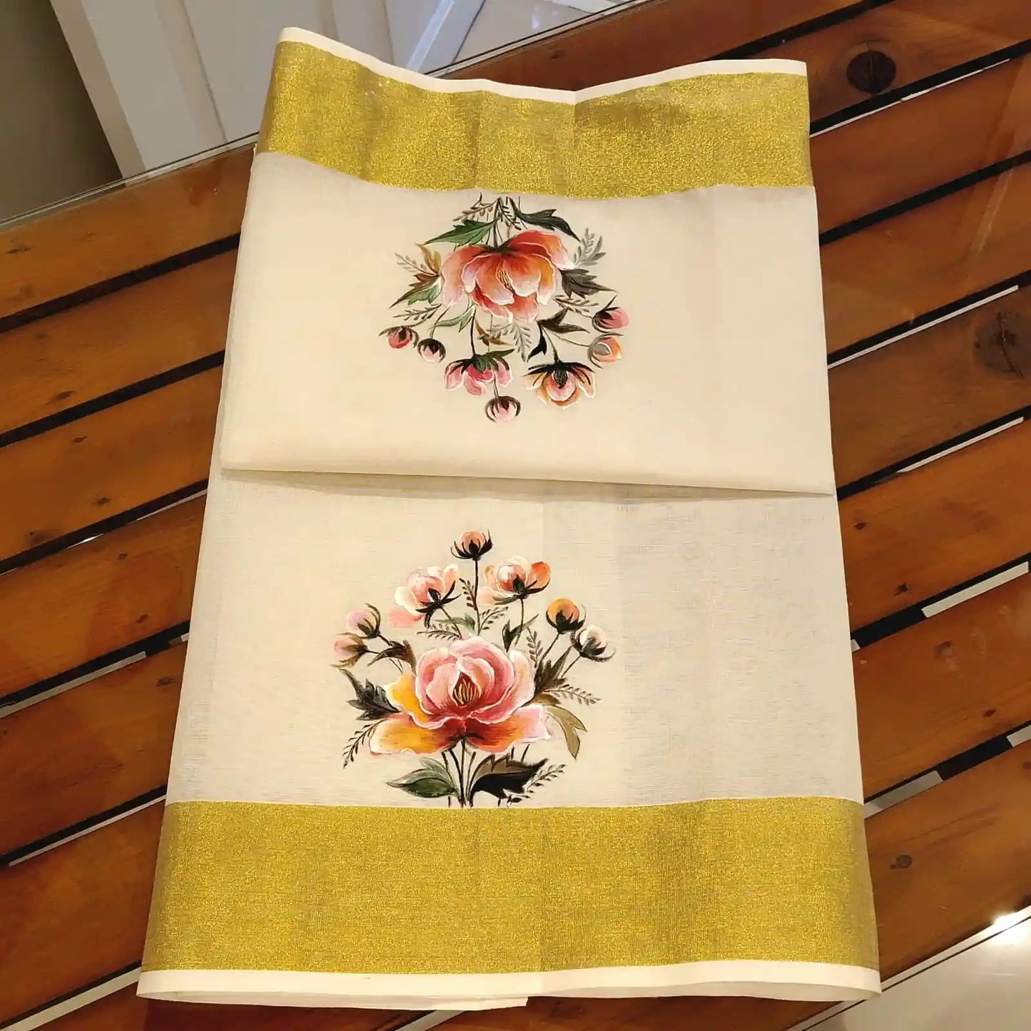 Graceful Peonies Blooms, Hand-Painted On  Kerala Handloom Saree Blouse