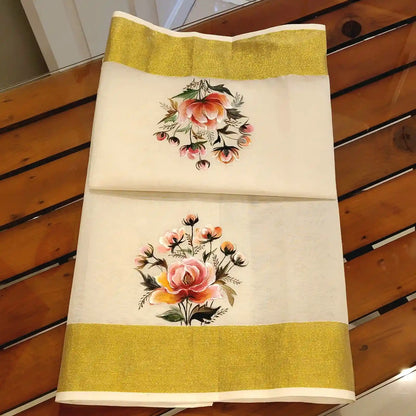 Graceful Peonies Blooms, Hand-Painted On  Kerala Handloom Saree Blouse