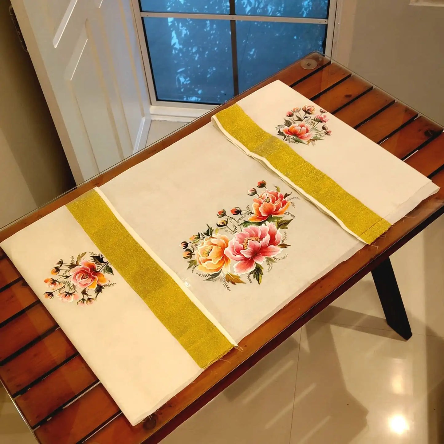 Graceful Peonies Blooms, Hand-Painted On  Kerala Handloom Saree Blouse