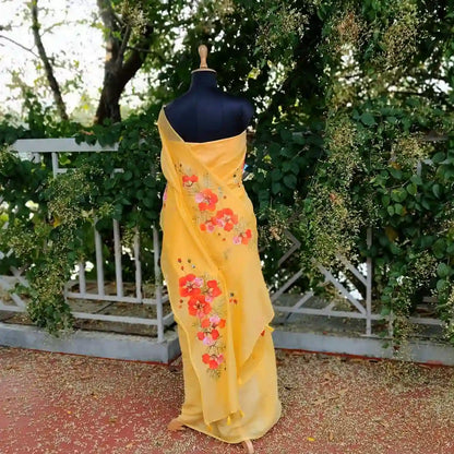 Graceful Hand-Painted Gulmohar Blooms On Soft Mal Chanderi Saree