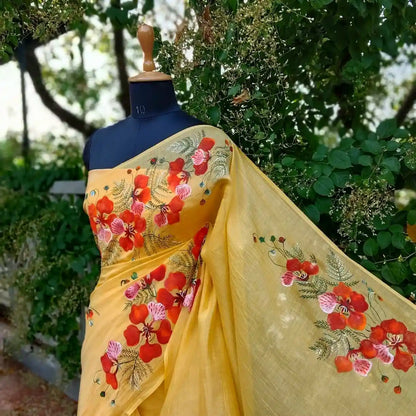 Graceful Hand-Painted Gulmohar Blooms On Soft Mal Chanderi Saree