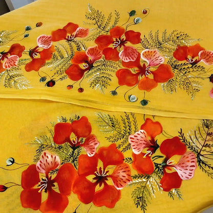 Graceful Hand-Painted Gulmohar Blooms On Soft Mal Chanderi Saree