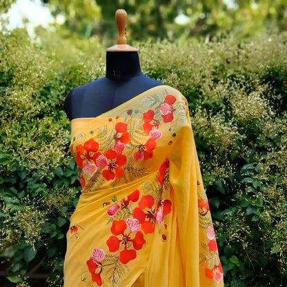 Graceful Hand-Painted Gulmohar Blooms On Soft Mal Chanderi Saree