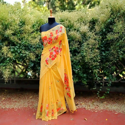 Graceful Hand-Painted Gulmohar Blooms On Soft Mal Chanderi Saree