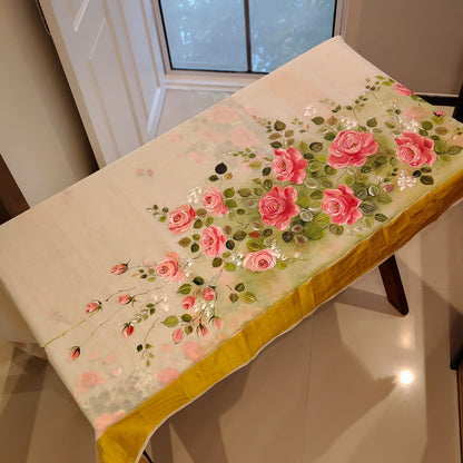 Elegant Kasavu Saree With Delicate Rose Art