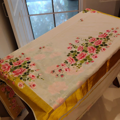 Elegant Kasavu Saree With Delicate Rose Art