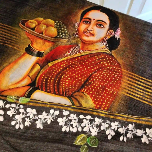 Elegant Ravi Varma Art Beautifully Hand-Painted On Tussar Geecha