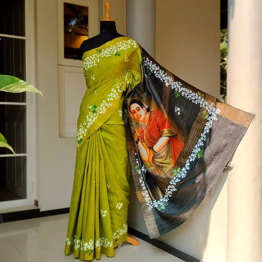 Elegant Ravi Varma Art Beautifully Hand-Painted On Tussar Geecha