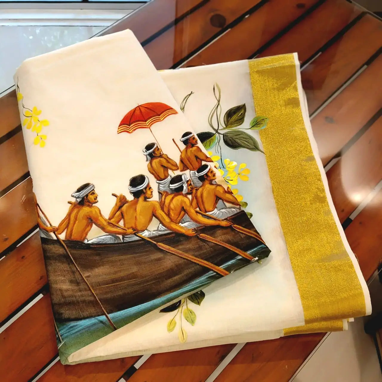 Kasavu Saree Featuring  Hand-Painted Boat Race Motif