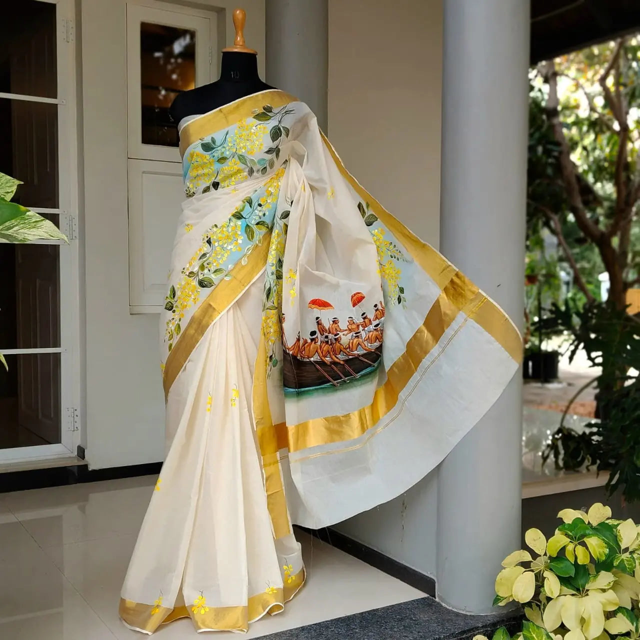 Kasavu Saree Featuring  Hand-Painted Boat Race Motif