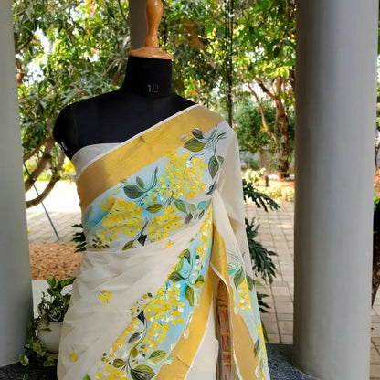 Kasavu Saree Featuring  Hand-Painted Boat Race Motif