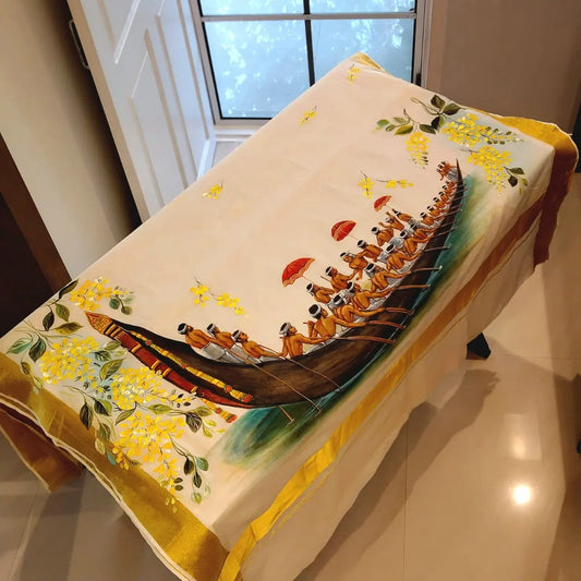 Kasavu Saree Featuring  Hand-Painted Boat Race Motif