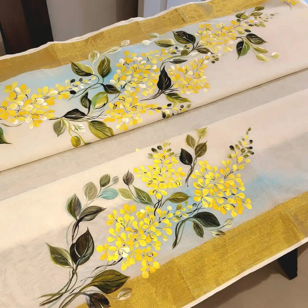 Kasavu Saree Featuring  Hand-Painted Boat Race Motif