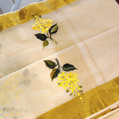 Kasavu Saree Featuring  Hand-Painted Boat Race Motif