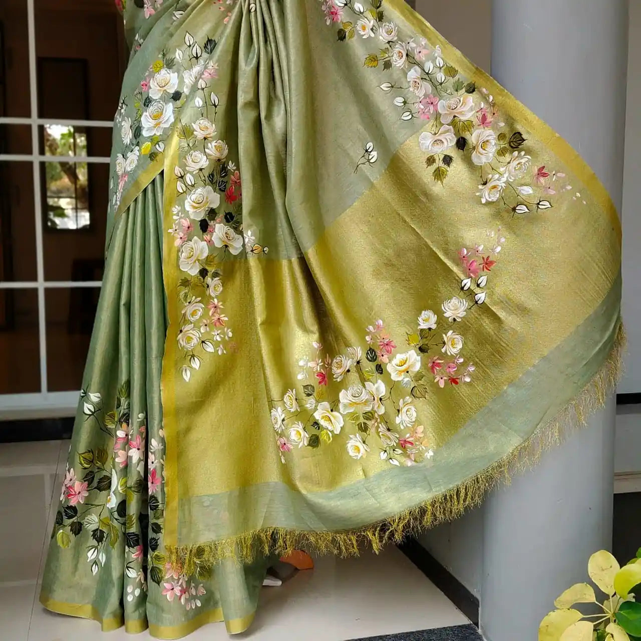 Gracefully Hand-Painted Linen Tissue Saree