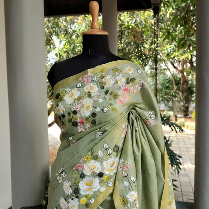Gracefully Hand-Painted Linen Tissue Saree