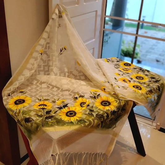 Sunshine In Jamdani Silk — Hand-Painted Sunflower Dupatta