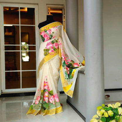 Where Tradition Meets Art – Hand-Painted Lotus On Handloom Kasavu Saree