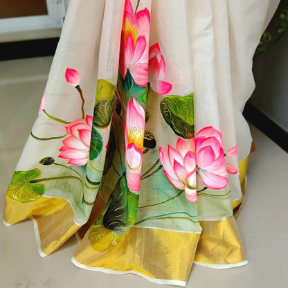 Where Tradition Meets Art – Hand-Painted Lotus On Handloom Kasavu Saree