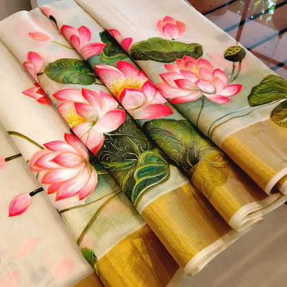Where Tradition Meets Art – Hand-Painted Lotus On Handloom Kasavu Saree