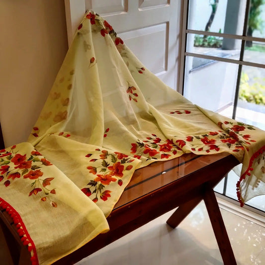 Hand-Painted PaStel Green Soft Net Kota Dupatta